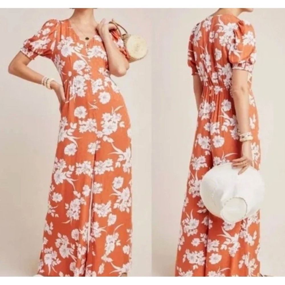 Dolan Left Coast Collection Floral Wide Leg Jumpsuit Rust Orange Size M Party